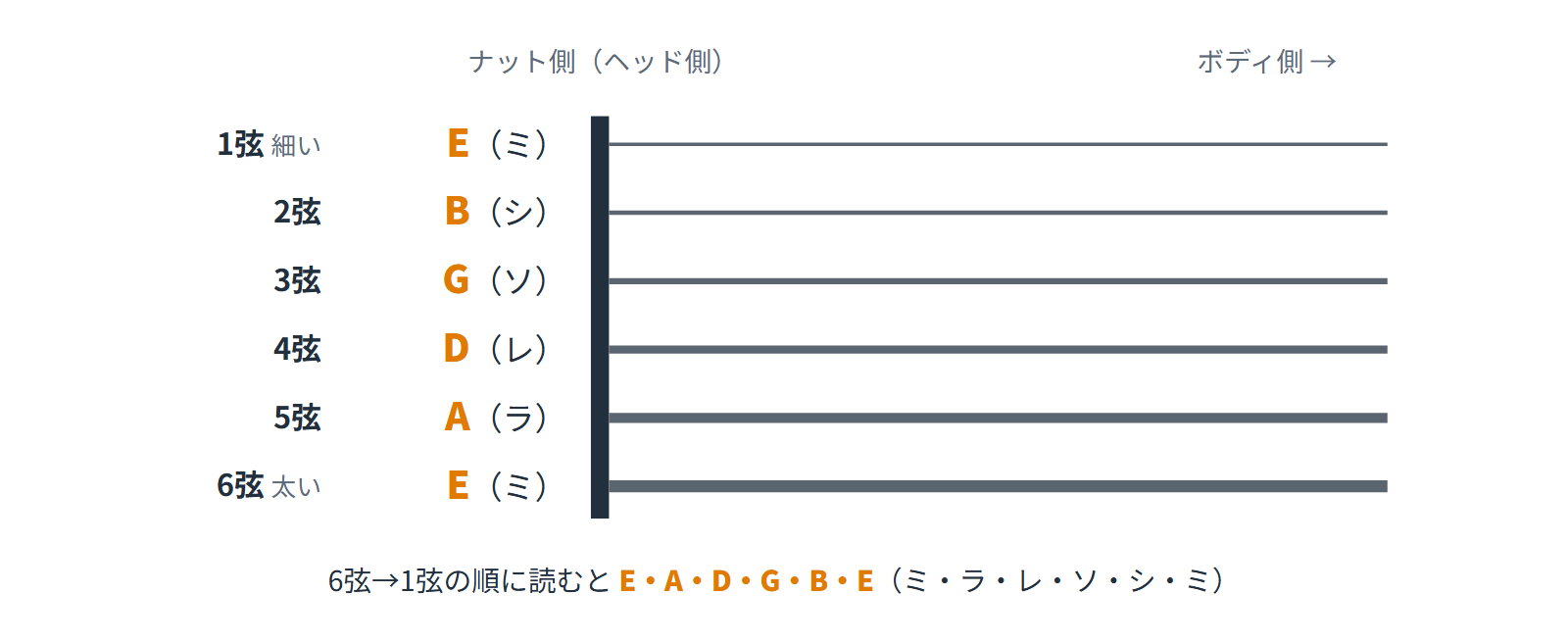 ギター6本の開放弦と標準チューニングの音名。6弦から1弦へE、A、D、G、B、E