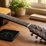 窓辺の机でアコースティックギターのペグを調整し、スマホのチューナーを使う手元