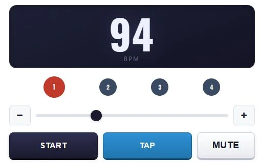 BPM表示の下にテンポ調整スライダーとSTART・TAP・MUTEボタンが並ぶアプリの実画面