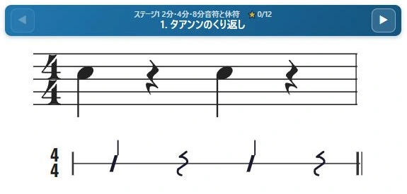 4分音符、4分休符、4分音符、4分休符。1・3拍目で音を出し、2・4拍目は休む。