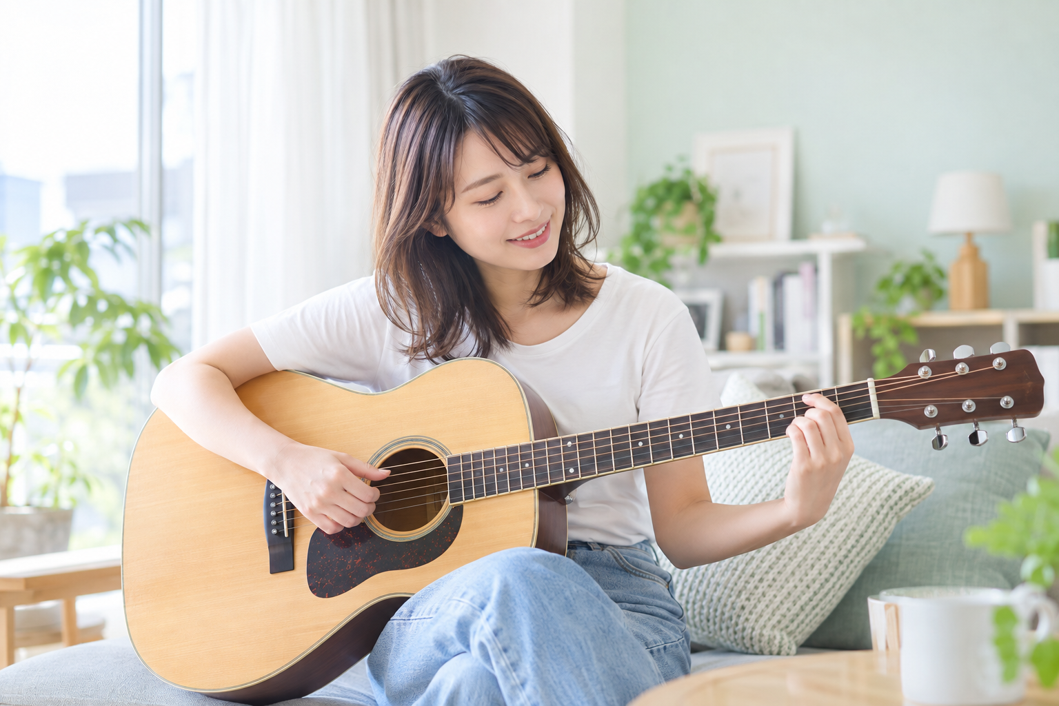 明るい部屋でアコースティックギターを練習する女性
