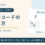 ギターコードの増やし方。6弦のコード図で、EからE7への変化を示す。4弦の指を外して開放にする。