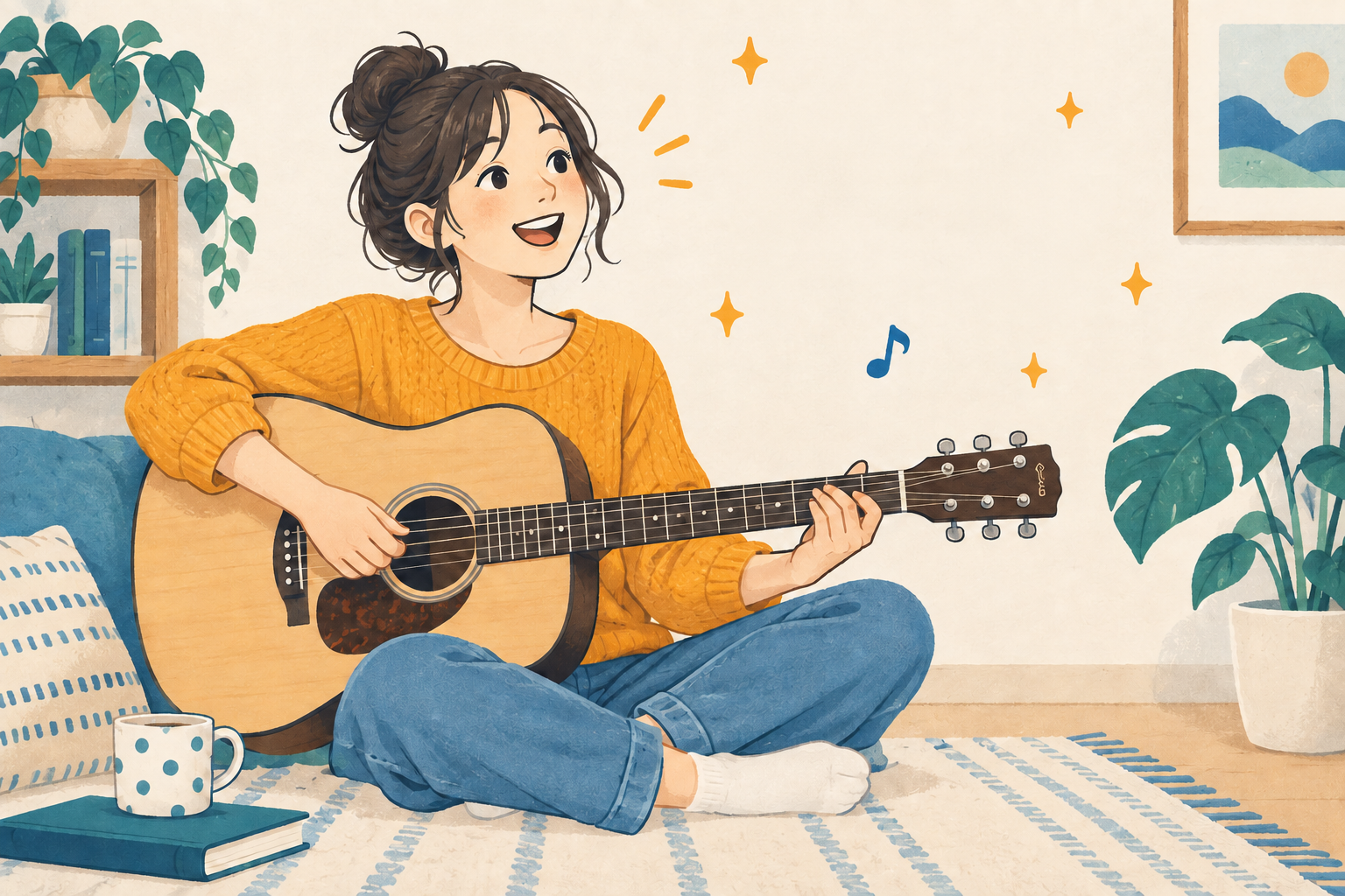 ギターを楽しむ女の子。右上の図はEからE7への変化