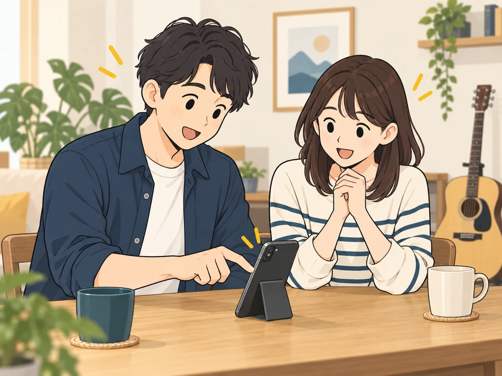スマホでリズム練習を楽しむ男性と、隣で応援する女性のイラスト