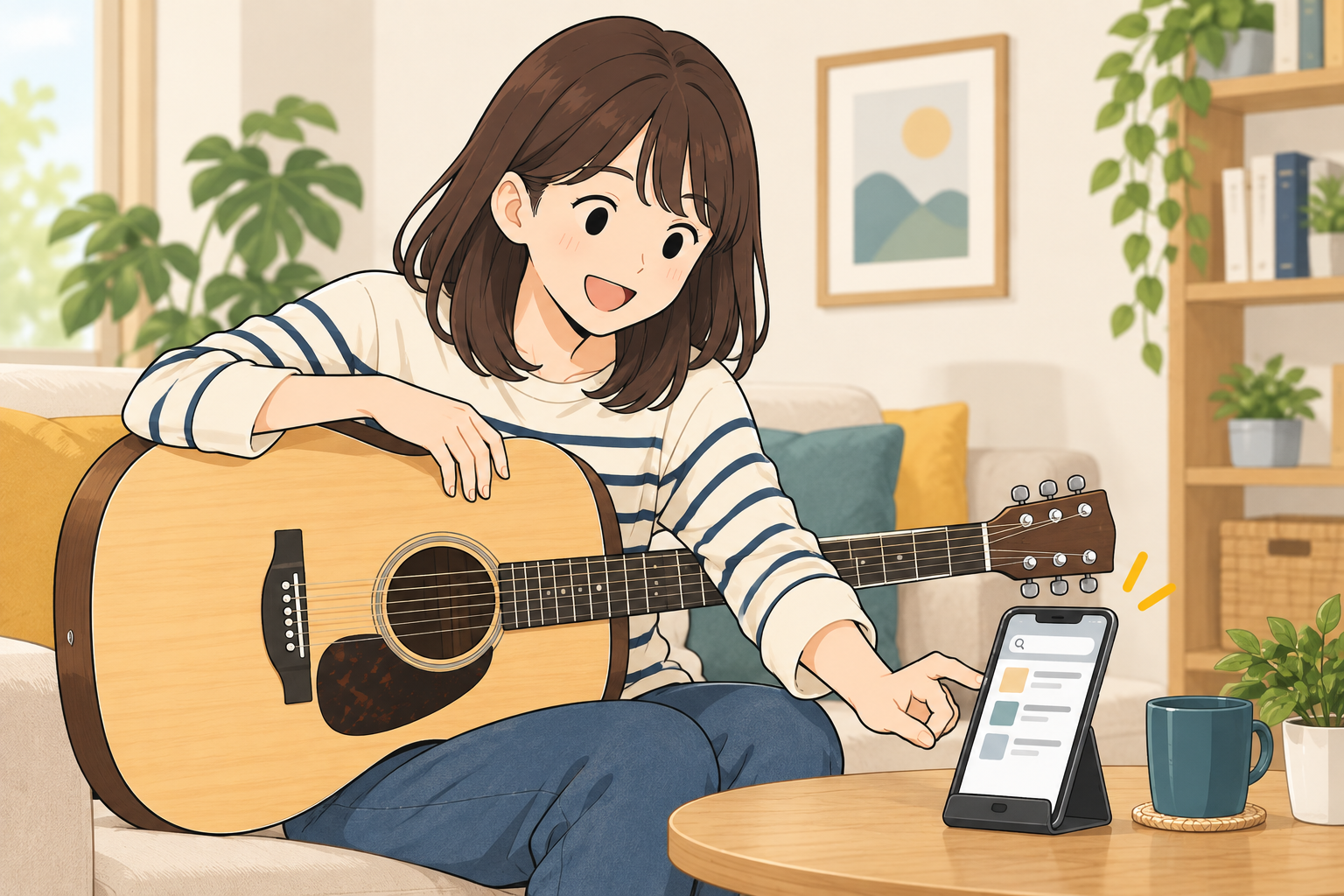 スマホで好きな曲を探し、ギターを弾くのを楽しみにしている初心者のイラスト